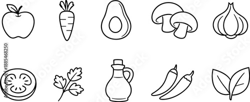 Set of black line icons representing vegetables, fruits and cooking ingredients including apple, carrot, tomato, avocado, spinach, pepper, mushroom, onion, garlic, and olive oil. Minimalist outline ic