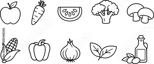 Set of black line icons representing vegetables, fruits and cooking ingredients including apple, carrot, tomato, avocado, spinach, pepper, mushroom, onion, garlic, and olive oil. Minimalist outline ic