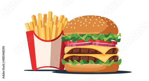 Hearty double cheeseburger with multiple patties and fresh toppings stands next to a cardboard carton overflowing with golden french fries.