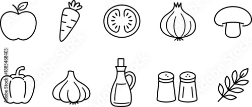 Set of black line icons representing vegetables, fruits and cooking ingredients including apple, carrot, tomato, avocado, spinach, pepper, mushroom, onion, garlic, and olive oil. Minimalist outline ic