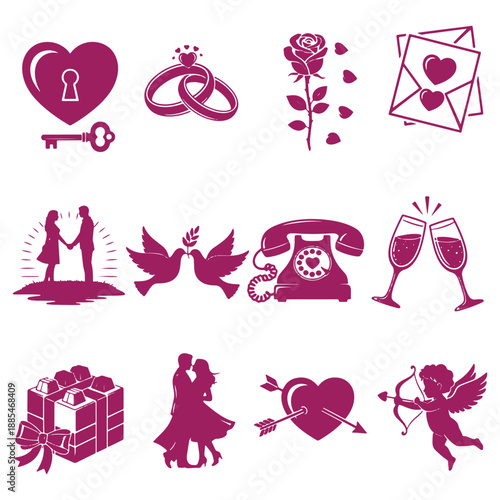 Collection of romantic icons featuring hearts rings roses and couples celebrating love and relationships