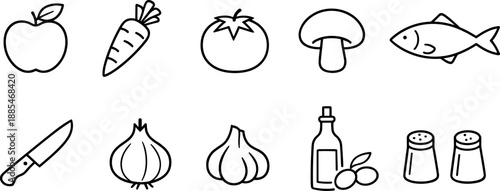 Set of black line icons representing vegetables, fruits and cooking ingredients including apple, carrot, tomato, avocado, spinach, pepper, mushroom, onion, garlic, and olive oil. Minimalist outline ic
