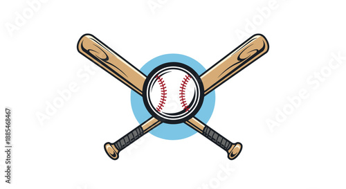 Sports emblem features a white baseball with red stitching centered in front of two crossed wooden bats against a light blue background.