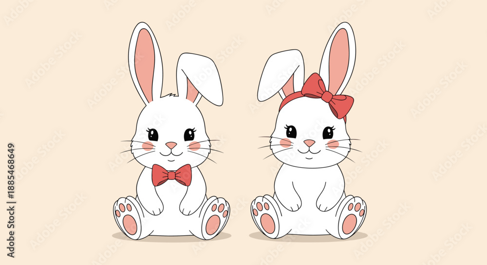 Fototapeta premium Two cute white bunny rabbits are sitting side by side, one wearing a red bow tie and the other sporting a matching red hair bow.