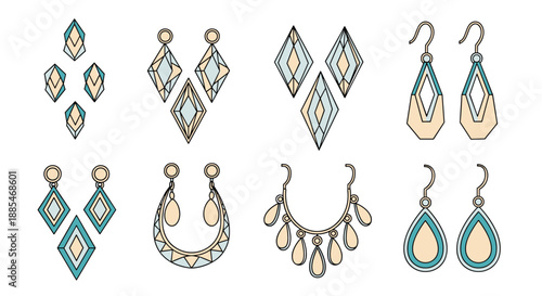 Selection of eight unique geometric earring designs features teardrop, diamond, and circular shapes in soft blue and cream color tones.