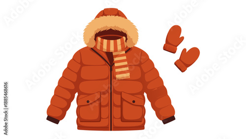 Vector illustration of winter clothing including a parka, gloves, and scarf in a cold environment from a front viewpoint, referencing 197.eps