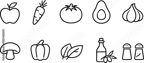 Set of black line icons representing vegetables, fruits and cooking ingredients including apple, carrot, tomato, avocado, spinach, pepper, mushroom, onion, garlic, and olive oil. Minimalist outline ic