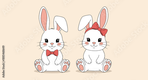 Two cute white bunny rabbits are sitting side by side, one wearing a red bow tie and the other sporting a matching red hair bow.