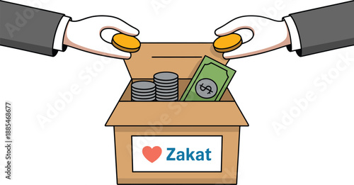 Ramadan zakat box collecting donations for charity showing hands dropping coins and money inside symbolizing islamic giving during the holy month isolated on white background