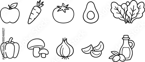 Set of black line icons representing vegetables, fruits and cooking ingredients including apple, carrot, tomato, avocado, spinach, pepper, mushroom, onion, garlic, and olive oil. Minimalist outline ic