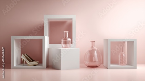 Pink and white perfume bottles in cube frames for modern minimalist beauty product display and branding photography setup