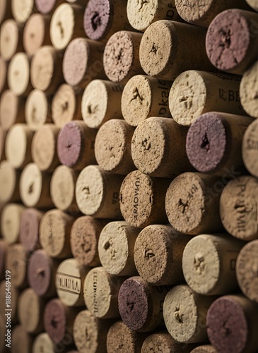 Close-up view of stacked natural wine corks with diverse textures and some showing red wine stains.