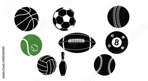 Assortment of black silhouettes represents various sports equipment including balls for basketball, soccer, cricket, tennis, and more.