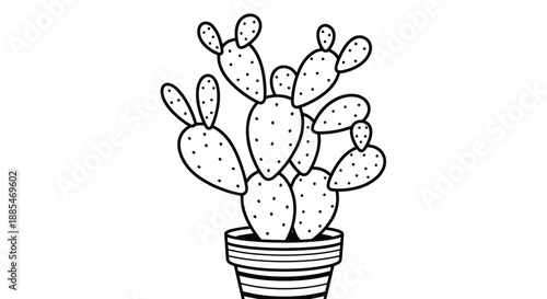 Prickly pear cactus in a striped ceramic pot illustrated as a black and white line drawing for coloring or botanical decoration.