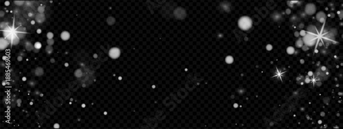 Falling snow overlay with transparent white snowflake sparkle on winter night sky frame. Snowy layer effect with magical glitter and subtle light glow for holiday background. Vector isolated design