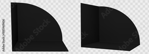 Round corner booth set of black 3d stand and mockup wall for tradeshow exhibition. Empty square room with office display panel and store showroom space. Vector render trade fair perspective isolated