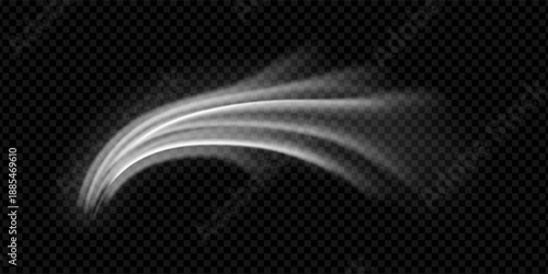 Wind flow with fresh air breeze and white wave on clean black background. Cool stream motion with realistic texture and abstract lines. Vector png for conditioner room display with spray effect