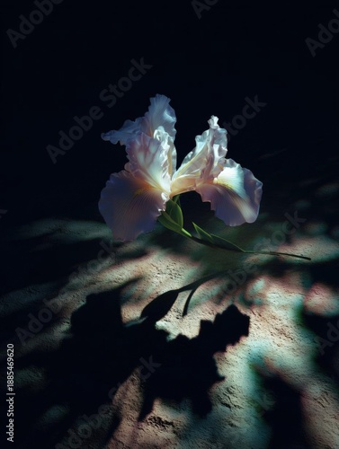 Photograph of a single white iris flower with its petals spread out in a star-like shape. the flower is in the center of the image, with its stem and leaves visible.