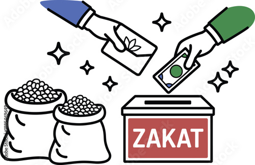 Ramadan zakat box illustration showing the collection of monetary donations and food items for charity isolated on white background