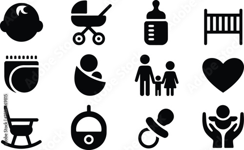 A collection of black silhouette icons representing baby items and family concepts on a clean white background