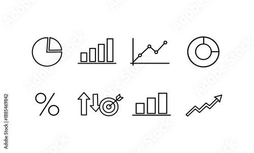 Collection of simple line icons representing business growth and financial data analysis
