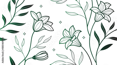 Elegant hand-drawn botanical illustration showcasing delicate blooming lilies and graceful leafy branches, forming a harmonious and serene floral pattern ideal for contemporary design 