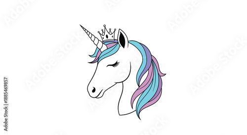 Beautiful unicorn head with a pastel-colored mane and a small crown illustrated on a clean white background for magical themes.