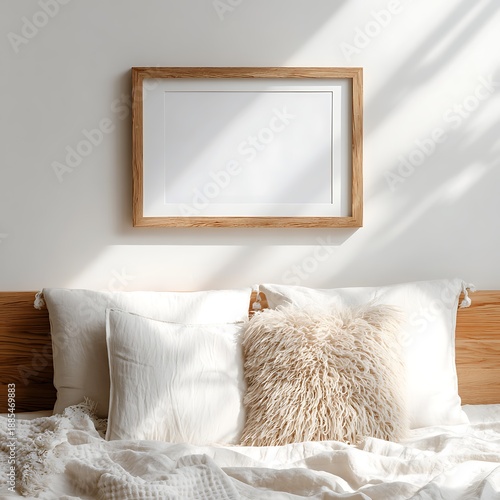 Blank wooden picture frame hangs above white bedding with soft pillows for home decor advertising.