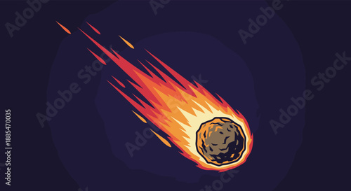 Asteroid or meteor burning as it streaks through a dark blue space background with long fiery orange and yellow tails of fire.