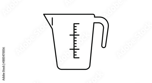 Simple black and white line drawing of a kitchen measuring cup with a handle and volume measurement markings on its side.