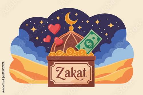 Ramadan zakat box an illustration featuring a charity box with coins and a dollar bill mosque dome and starry night symbolizing islamic almsgiving