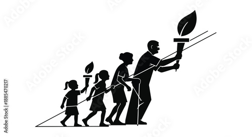 Family holding plants walking together in eco friendly sustainable lifestyle silhouette illustration for environmental conservation concept