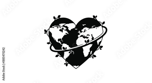 Heart shaped Earth globe with airplane flying around love travel concept black and white illustration