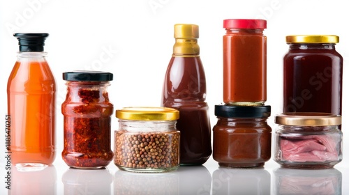 Assorted jars of sauces and condiments on white background for gourmet food product photography branding