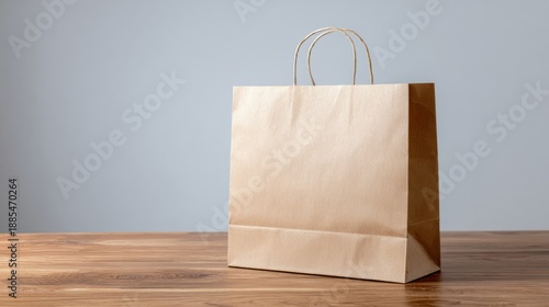 Simple paper shopping bag on wooden table for eco-conscious retail product branding photography