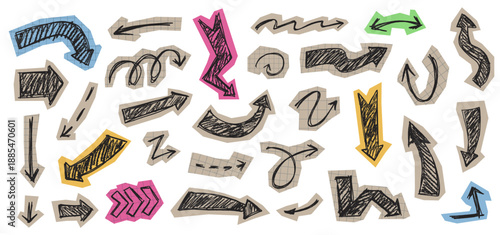 Collage hand drawn arrows on cut out paper. Grunge crayon textured scrapbook planner design, messy journal arrow doodle vector illustration set