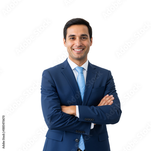 Confident Businessman in Navy Suit and Light Blue Tie Crosses Arms on White Background — Polished, Charismatic, Leadership-Ready — Perfect for Corporate Branding, Consulting, or Professional Success I