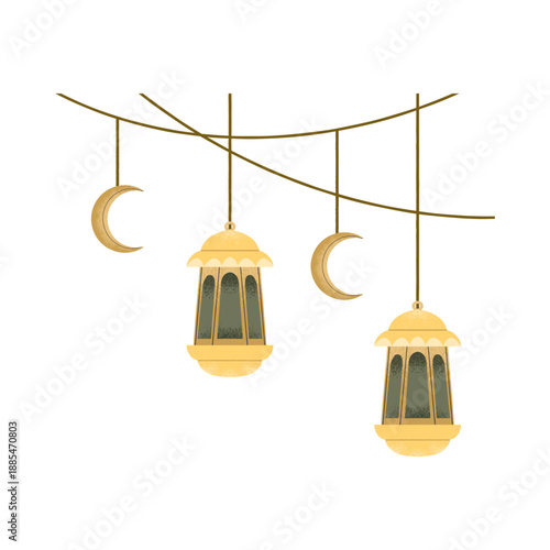 Islamic Crescent Moon and Lanterns Hanging Decoration for Ramadan and Eid Celebrations