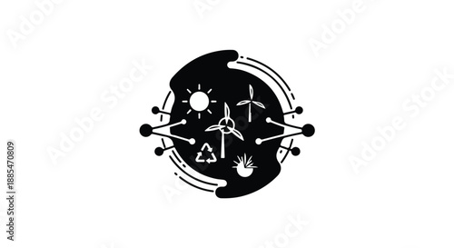 Eco friendly sustainable energy concept with solar wind power and recycling symbols in modern black and white illustration