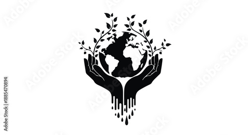 Eco friendly earth globe with leaves and hands sustainable environment conservation concept black and white illustration