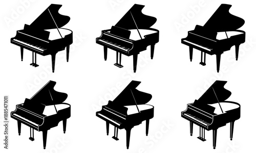 Six black grand pianos with transparent background musical instrument silhouette