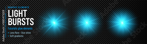 Blue light png sparkle and burst. Cyan flash effect background. Light bursts glowing blue lens flare on transparent background. Futuristic glow elements with soft gradients. Abstract highlight.