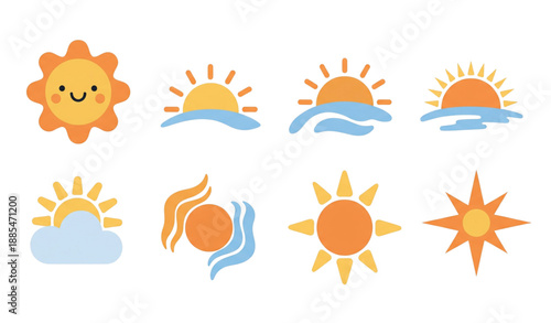 Cute sun icons and sunshine symbols flat vector set isolated on white background