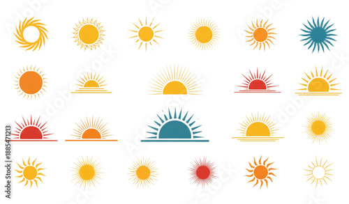 ‎Modern sun vector elements for sunshine and sunset flat illustration set