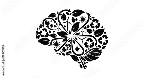 Intricate black brain illustration with floral patterns and leaves on white background for creative concept and mental health symbolism