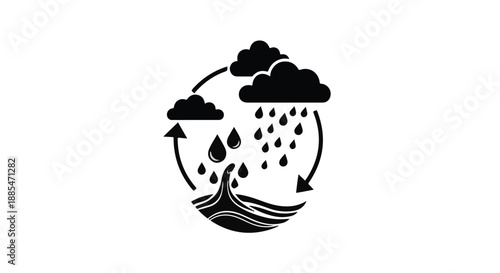 Water cycle illustration with clouds raindrops and waves in circular motion diagram