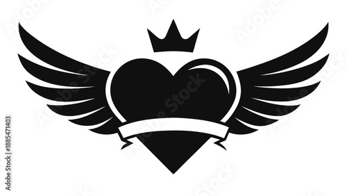 A minimalist graphic design in black and white depicting an empowering emblem with a strong heart, royal crown, and powerful wings.