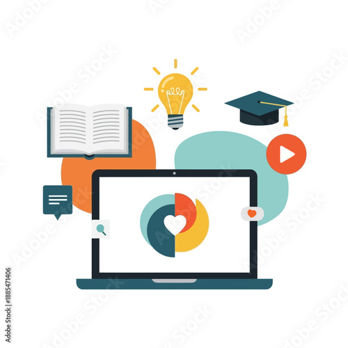 Laptop with education learning icons.