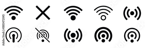 Wireless WiFi connection icon set featuring signal strength, hotspot, online and offline status, outline and solid vector icons, isolated on white background