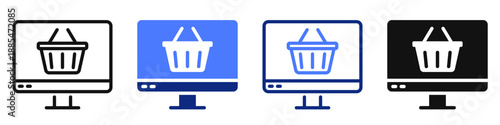 Vector icon or logo of computer monitor with shopping basket on screen related to online retail and e-commerce. Symbol for website or app UI, logo design, illustration
